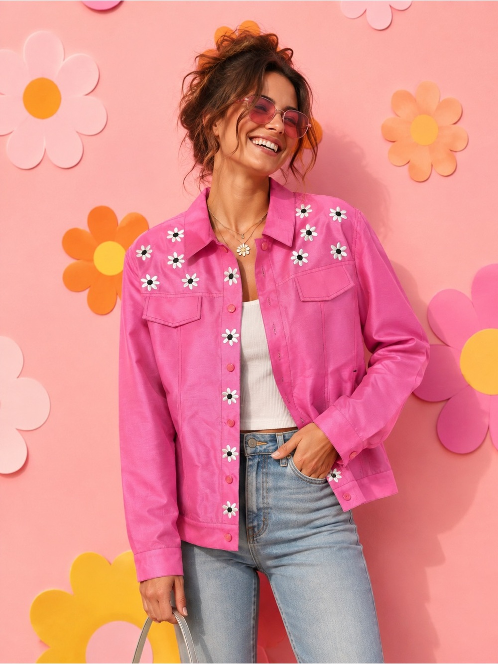 Bob Mackie Hot Pink Floral-Appliqué Silk Jacket Size Large - Picture 1 of 8